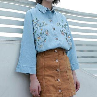 Flower Embroidered Denim Shirt Denim Blue - One Size