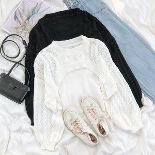 Plain Camisole / Long-sleeve Cropped Knit Top
