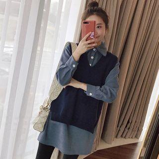 Set: Mini Shirtdress + V-neck Knit Vest