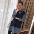 Set: Mini Shirtdress + V-neck Knit Vest