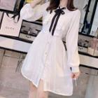 Long-sleeve Frill Trim Buttoned Chiffon Mini Dress