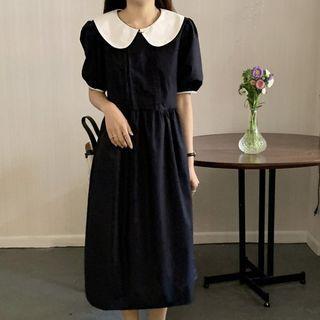 Short-sleeve Contrast Collar Midi Smock Dress