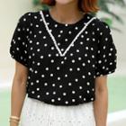 Puff-sleeve Lace-trim Dotted Blouse