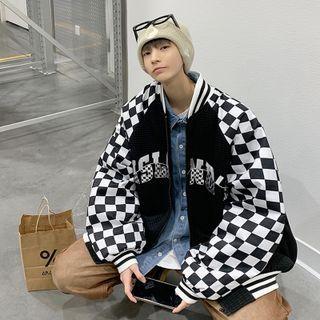 Lettering Checkerboard Zip Baseball Jacket