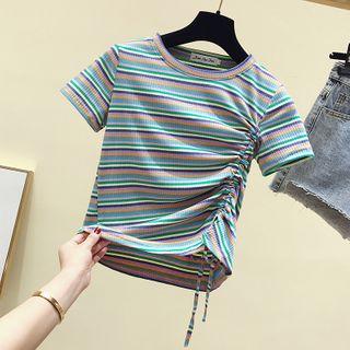 Striped Drawstring Ruched Short-sleeve T-shirt