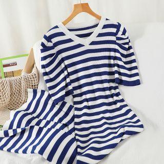 Elbow-sleeve Striped Knit Midi Dress