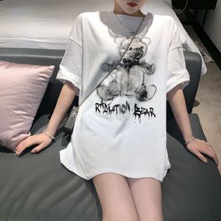Bear Printed Elbow-sleeve T-shirt White - One Size