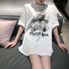 Bear Printed Elbow-sleeve T-shirt White - One Size