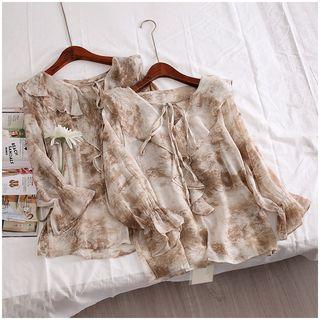 Bell-sleeve Printed Tie-neck Chiffon Blouse