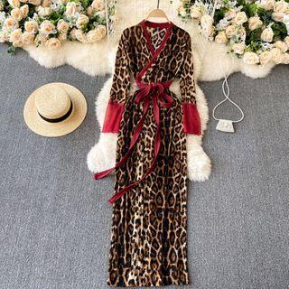 Long-sleeve Tie-waist Leopard Print Maxi A-line Dress