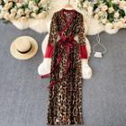 Long-sleeve Tie-waist Leopard Print Maxi A-line Dress