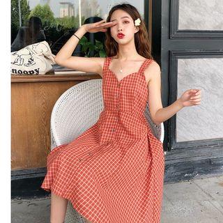 Lace-up Back Checked Sleeveless A-line Dress