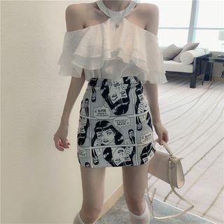 Cold Shoulder Ruffle Elbow-sleeve Chiffon Blouse