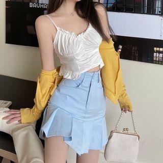 Ruffle Trim Cropped Camisole Top / Cardigan / Pleated Mini A-line Skirt