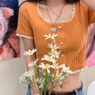 Lace Trim Short-sleeve Knit Top Tangerine - One Size