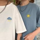 Couple-matching Embroidered Elbow-sleeve T-shirt