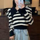 Lapel Striped Puff-sleeve Top