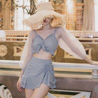 Set: Mesh Panel Long-sleeve Tankini Top + Drawstring Swim Skirt