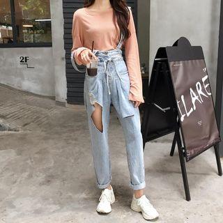 Detachable Strap Cut-out Washed Jeans