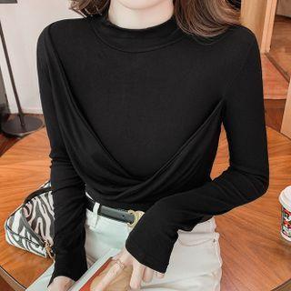 Long-sleeve Semi Turtleneck Plain Slim Fit Top