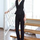 Double Button Vest / Fitted Skirt / Dress Pants / V-neck Work Blouse / Set