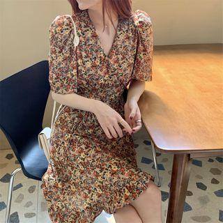 Floral Print Short-sleeve Mini A-line Dress Floral - Orange - One Size