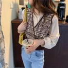Double Breasted Print Sweater Vest / Plain Blouse