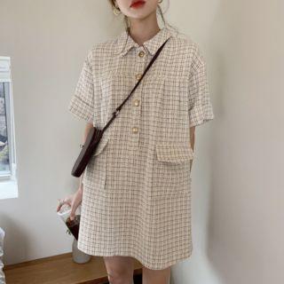 Plaid Elbow-sleeve A-line Dress As Shown In Figure - One Size