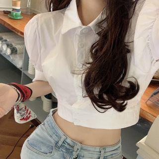 Plain Puff Short Sleeve Crop Shirt White-shirt - One Size