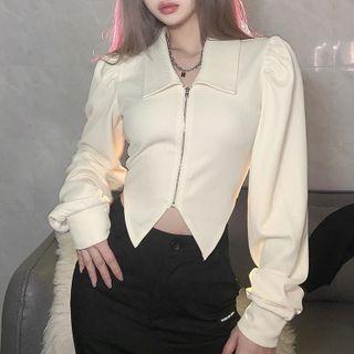 Puff-sleeve Zip Collared Top