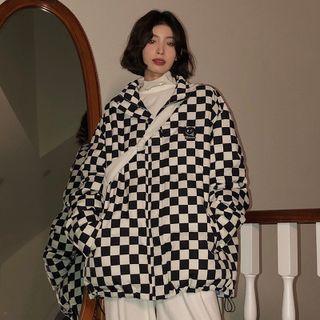 Smiley Face Print Check Padded Jacket