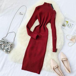 Long-sleeve Mock-neck Zip Detail Knit Dress