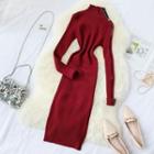 Long-sleeve Mock-neck Zip Detail Knit Dress