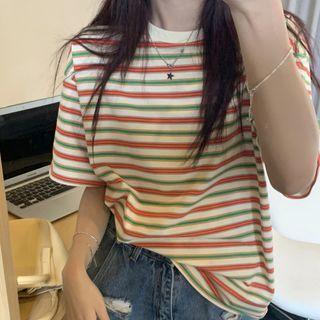 Short-sleeve Striped T-shirt Stripe - Orange & Green - One Size