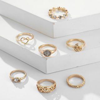 Set Of 7: Rhinestone Alloy Ring (various Designs) Set Of 7 - 9821 - Gold - One Size