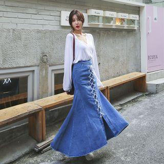 Lace-up Denim A-line Maxi Skirt