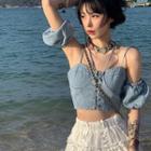 Set: Lace Up Denim Cropped Camisole Top + Arm Sleeves