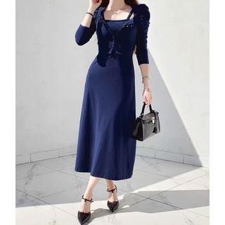 Set: Puff-sleeve Cardigan + Double-strap Maxi Dress Navy Blue - One Size