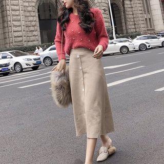 Set: Beaded Sweater + High Waist Knitted A-line Skirt