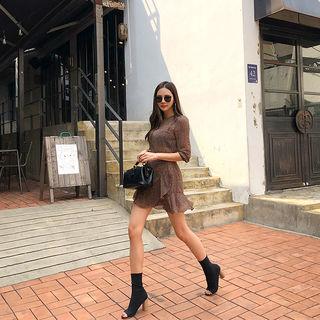 Ruffle-hem Patterned Sheer Dress