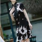 Short-sleeve Crane Print Qipao Dress