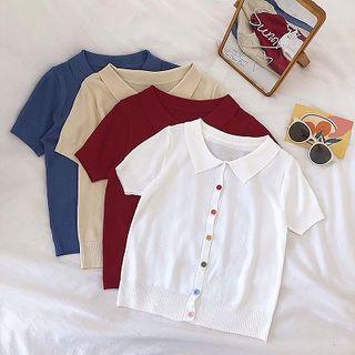 Plain Multicolored Single-breasted Short-sleeve Knit Top