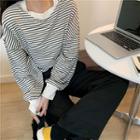 Color-block Striped Crewneck Long-sleeve T-shirt As Shown In Figure - One Size