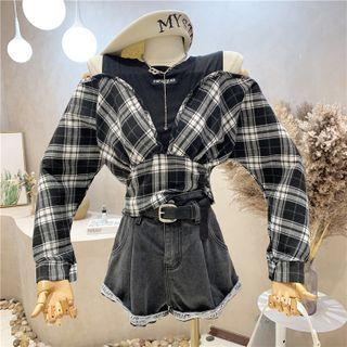 Mock Two-piece Long-sleeve Off-shoulder Plaid Shirt
