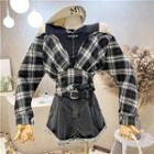 Mock Two-piece Long-sleeve Off-shoulder Plaid Shirt