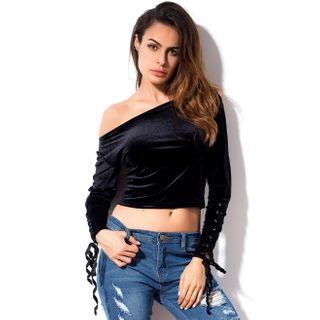 One-shoulder Lace Up Long-sleeve Top Black - One Size