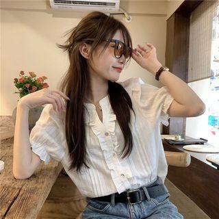 Short-sleeve V-neck Ruffled Shirt White - One Size