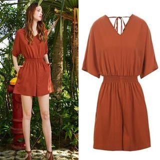 Tie-back Elastic-waist Plain Playsuit
