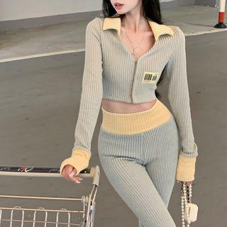 Ribbed Crop Polo Knit Top / Wide Leg Pants