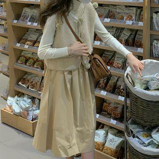 Long-sleeve Plain High-neck Top / Plain Fleece Vest / Sleeveless Plain Midi Dress